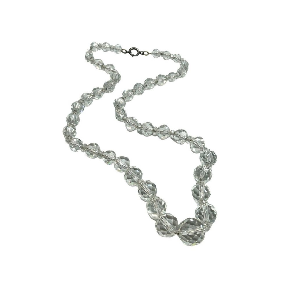 Art Deco Clear Crystal Necklace Graduated Beads Strung On Sterling Silver Chain
